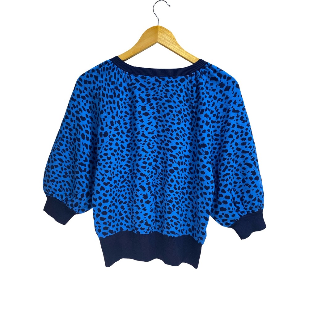 Ann Taylor Blue Leopard Print 3/4 Puff Sleeve Sweater Medium NWT 533966 - Picture 2 of 7